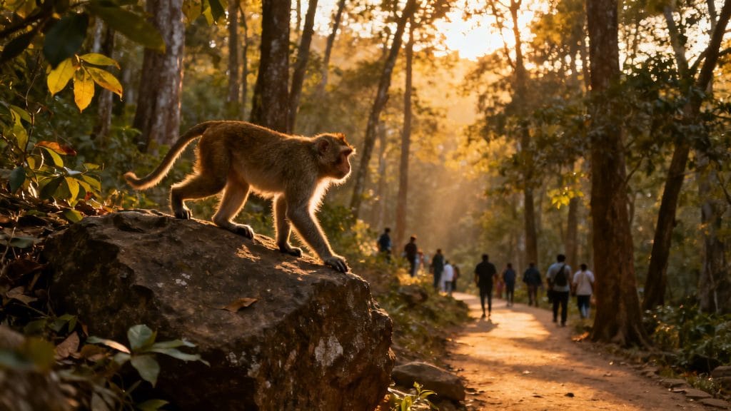 Fin d’après-midi calme, macaques actifs, affluence faible