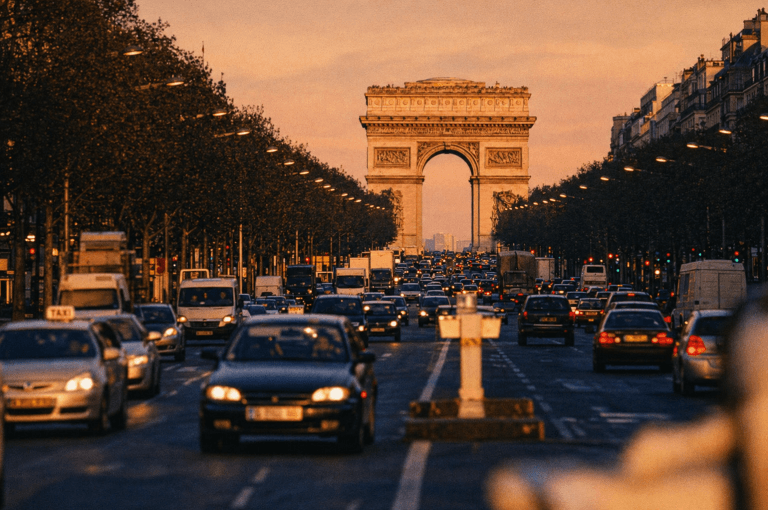 Embouteillage sur les Champs-Élysées avec l'Arc de Triomphe en fond au coucher du soleil