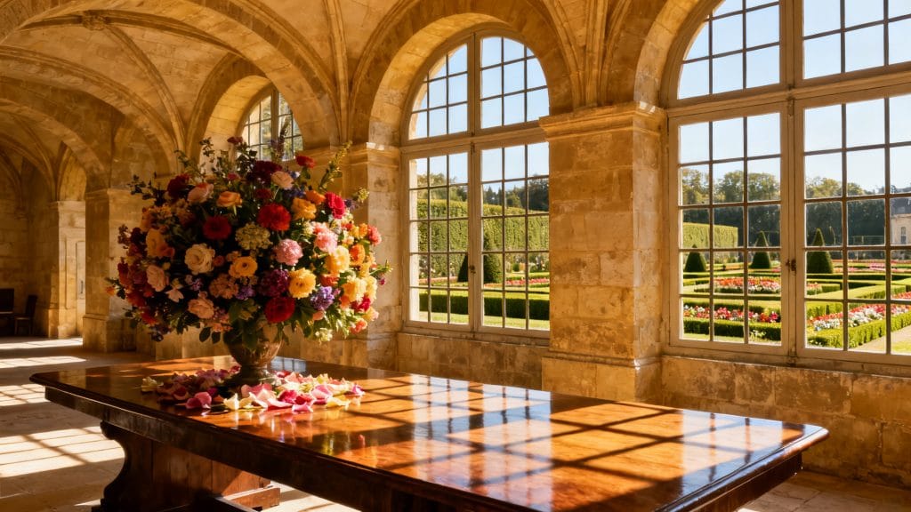 Salle Renaissance avec bouquets et vue sur jardins