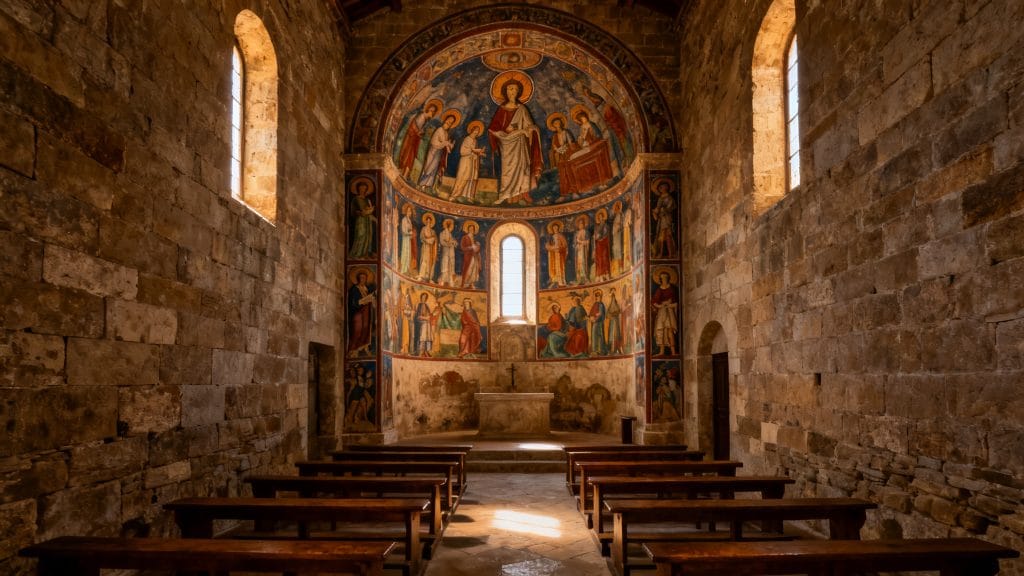 Intérieur d’église romane avec fresques médiévales