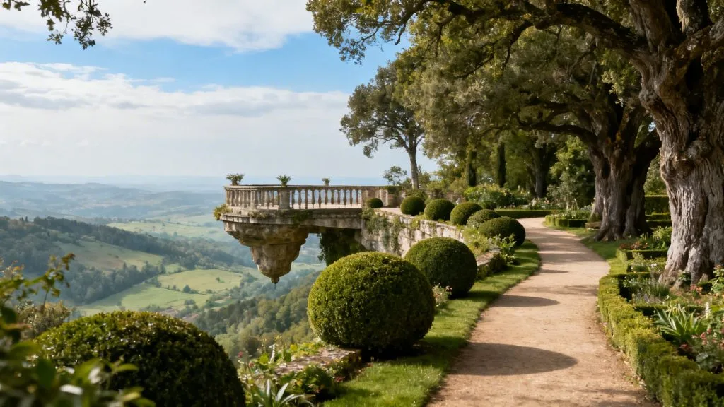 Jardins de buis et belvédère sur une vallée de châteaux