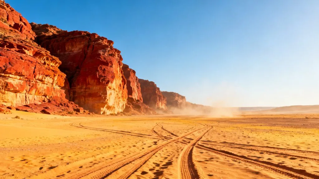 Désert rouge lumineux et ciel clair pour road trip d’automne