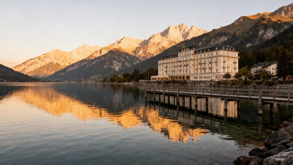 Lac alpin calme avec grand hôtel et reflets