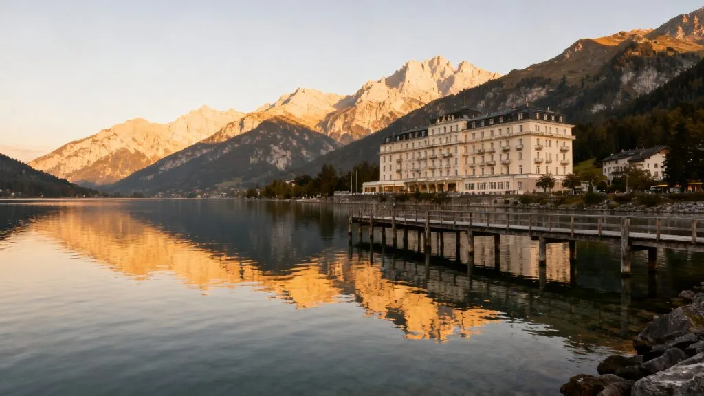 Lac alpin calme avec grand hôtel et reflets