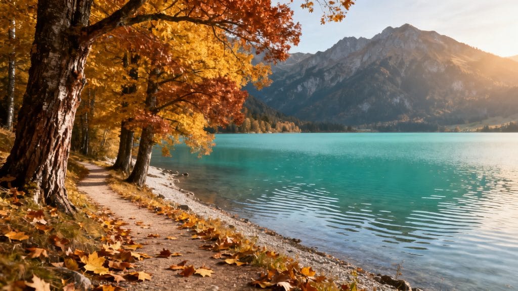 Automne sur le lac d’Annecy, arbres dorés et eau calme
