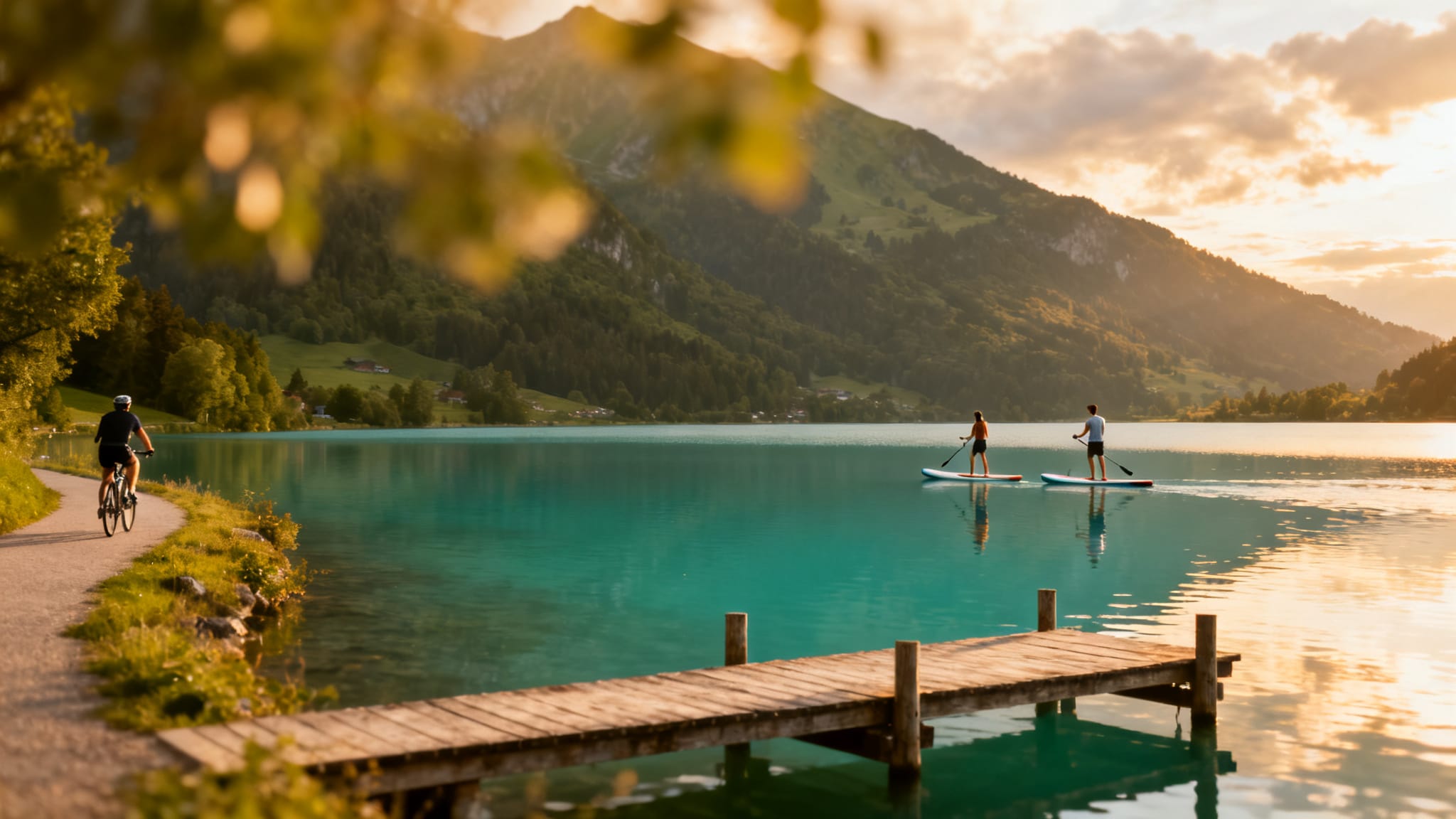 Lac d'Annecy au coucher du soleil, eau turquoise et montagnes