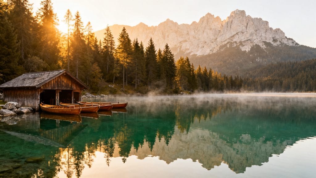 Lac alpin émeraude et barques au lever du jour