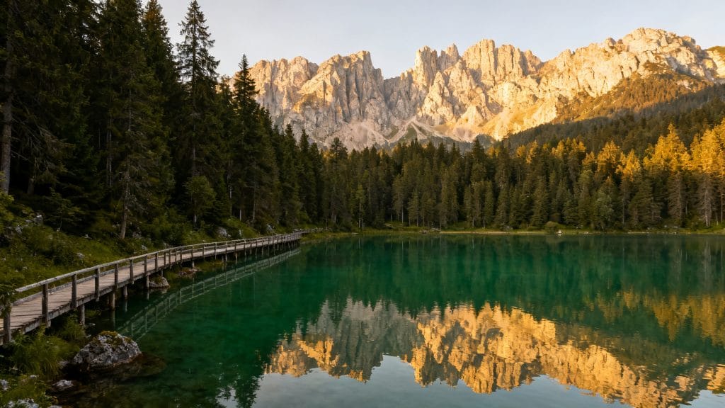 Reflets sur un lac émeraude bordé de forêt