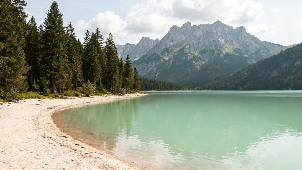 Lac alpin vert pâle avec pins et sommets lointains