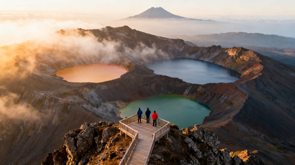 Trois lacs de cratère colorés sous brume matinale