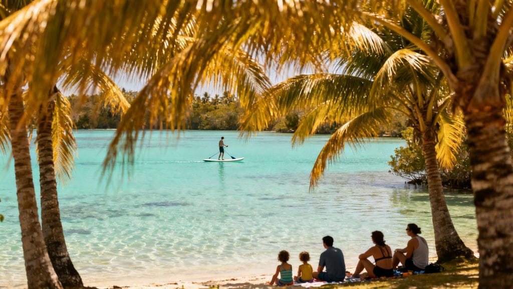 Lagon peu profond bordé de palmiers, idéal pour les familles