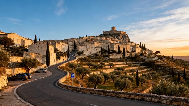 Village perché et route d’accès vers Les Baux-de-Provence au soleil couchant
