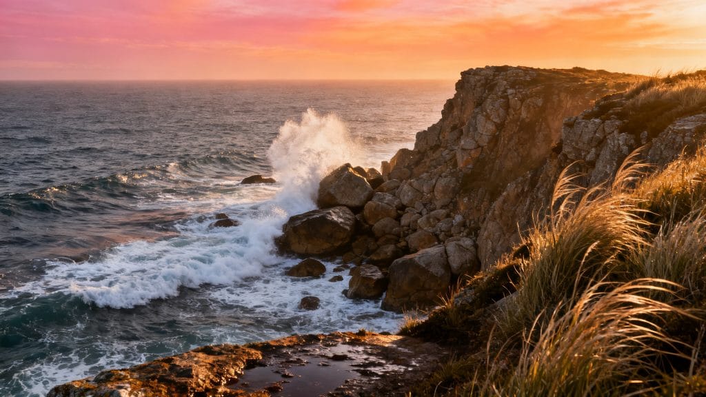 Lever de soleil avec falaises et vagues atlantiques puissantes