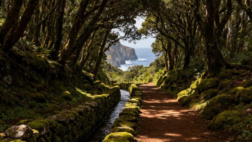 Sentier de levada ombragé avec vue sur l’océan