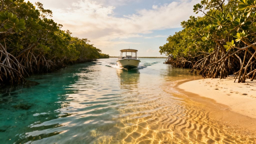 Bateau passant de la mangrove aux bancs de sable aux eaux claires