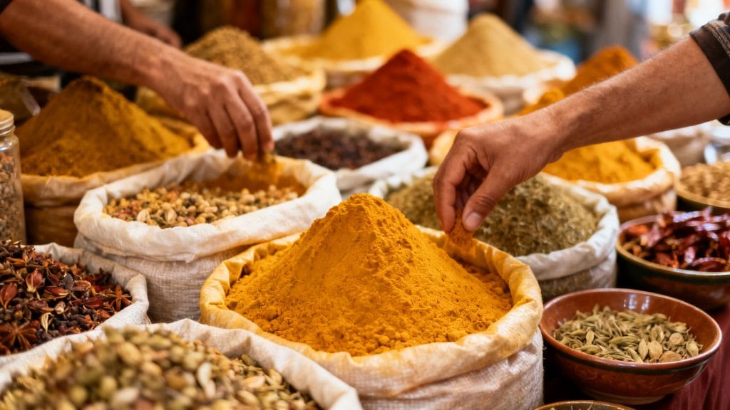 Épices colorées en vrac sur un étal de marché couvert animé