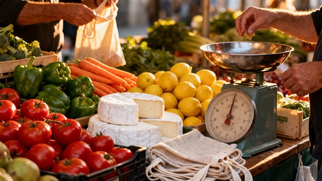 Stands de primeurs et fromagers au marché de la place des Fêtes