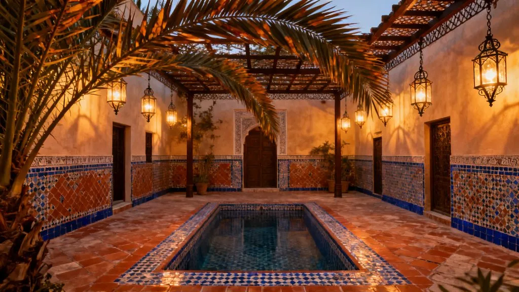 Riad marocain serein avec lumière du soir douce
