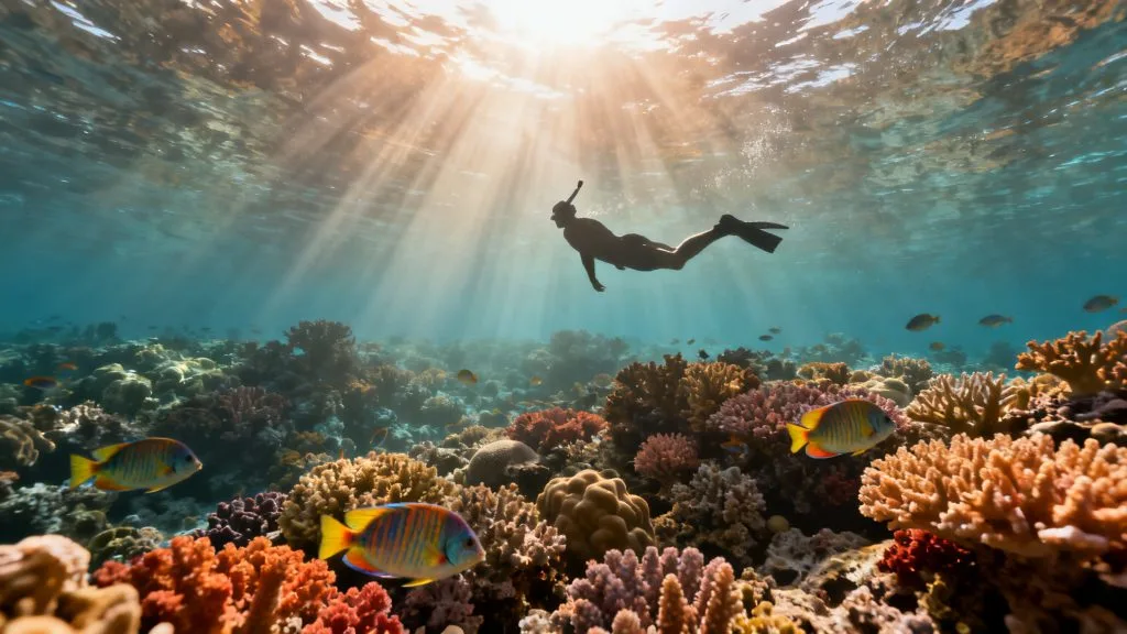 Snorkeling en eau chaude avec coraux et poissons tropicaux