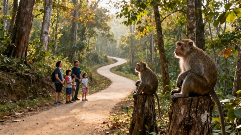 Visiteurs à La Montagne des Singes en Alsace observant des macaques