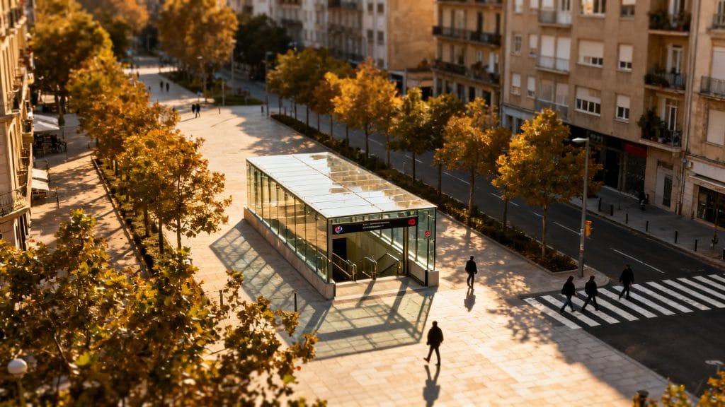 Entrée de métro et grande esplanade près de la place des Fêtes