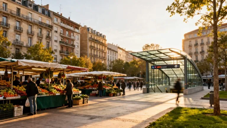 Esplanade animée et marché matinal à la place des Fêtes