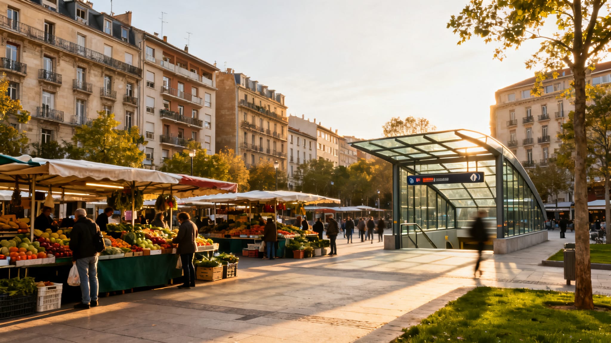 Esplanade animée et marché matinal à la place des Fêtes