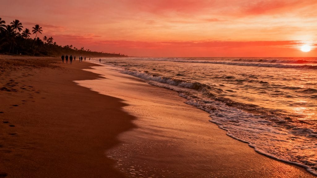Large plage dorée au coucher du soleil avec vagues douces