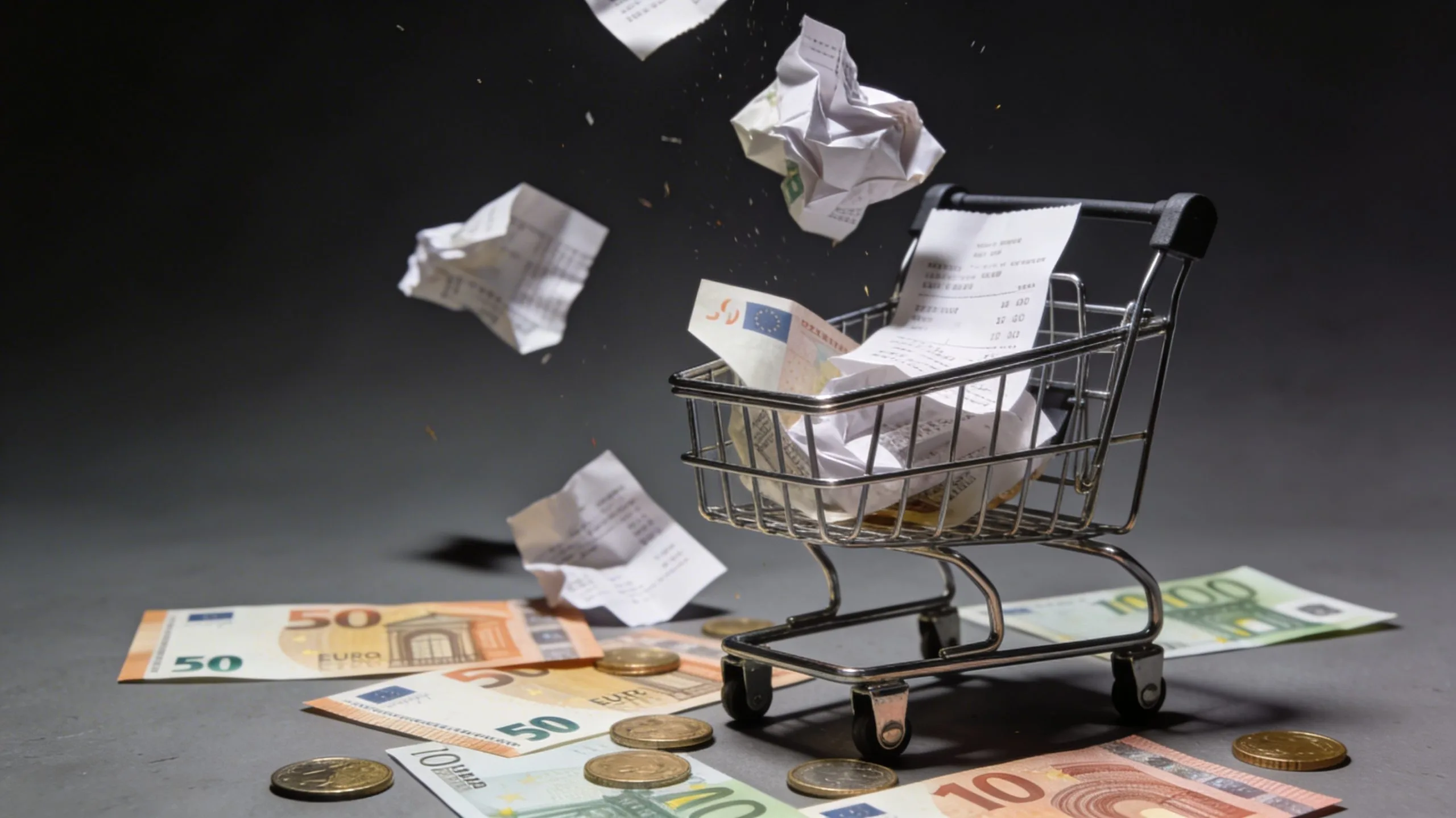 Caddie miniature avec pièces et billets euros épars sur fond sombre