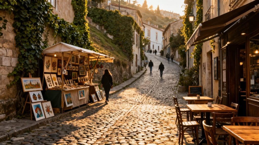 Ruelles pavées, terrasses et étals artistiques en pente