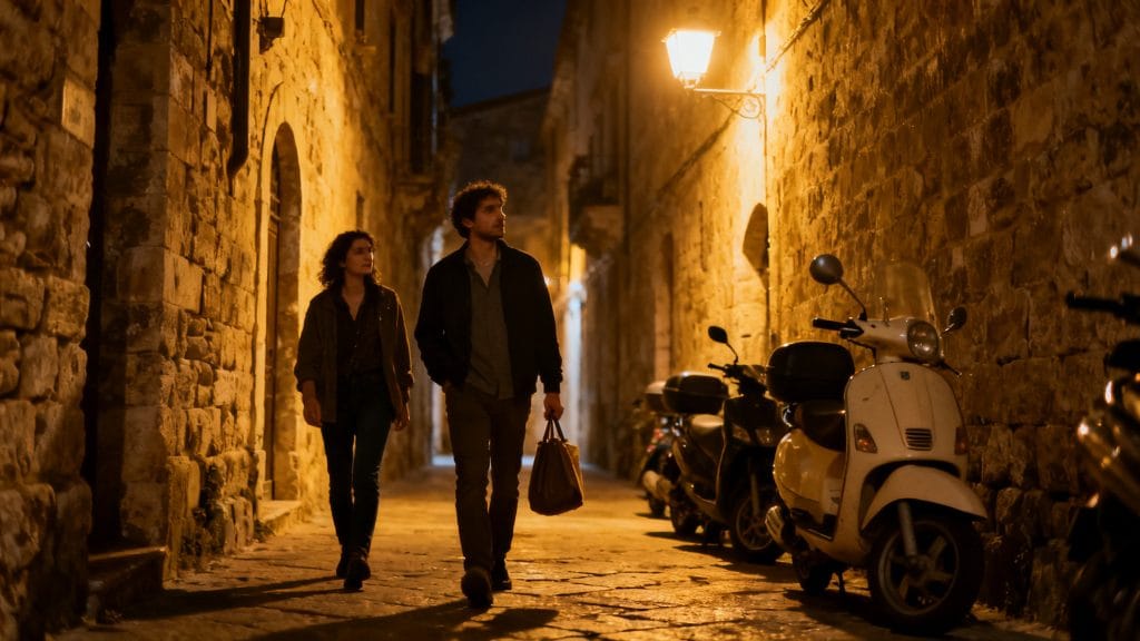 Ruelle étroite de nuit, vigilance contre les pickpockets
