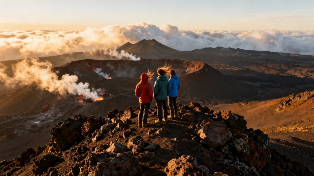 Randonneurs sur un sommet volcanique aux fumerolles et nuages bas