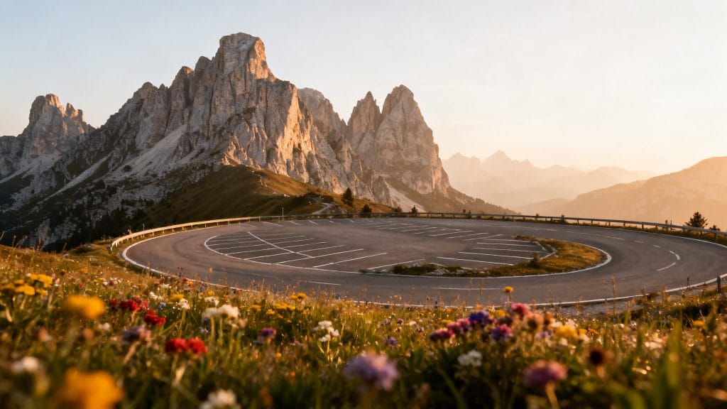 Route de col avec belvédère et falaises dolomitiques