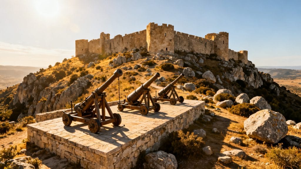 Ruines de château et machines de siège médiévales