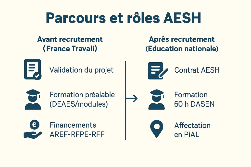 Schéma du parcours AESH et rôles France Travail et Éducation nationale