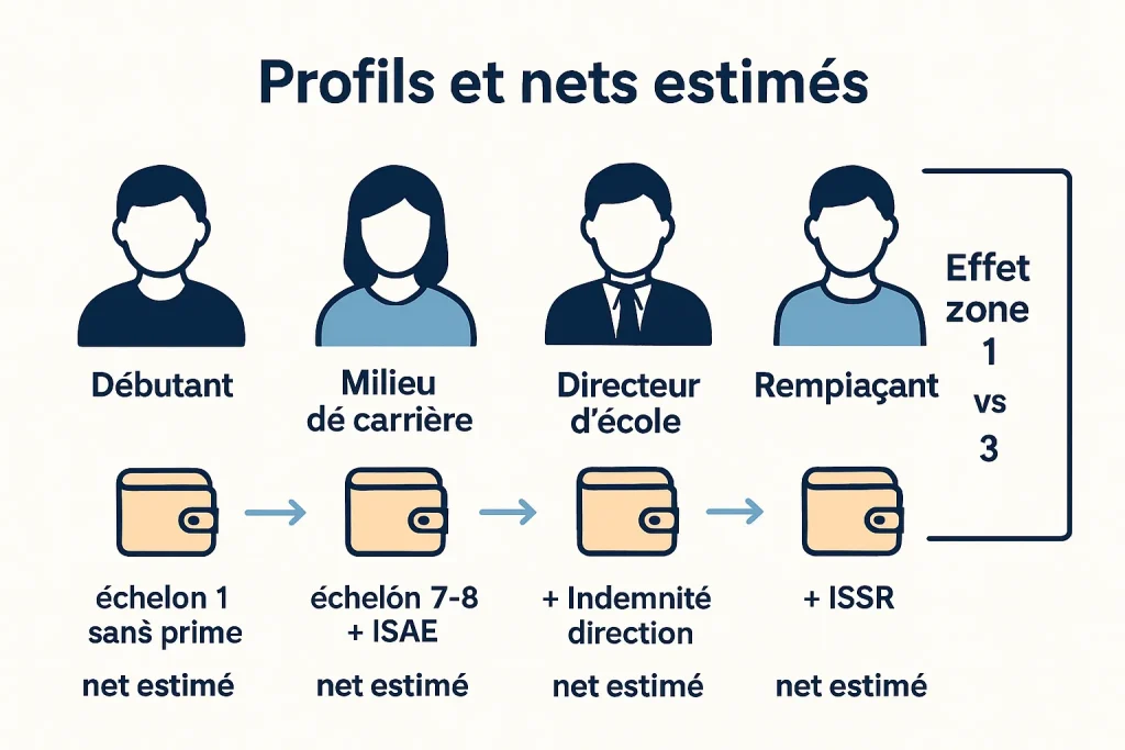 Comparatif de salaire net mensuel pour débutant, milieu de carrière, directeur et remplaçant