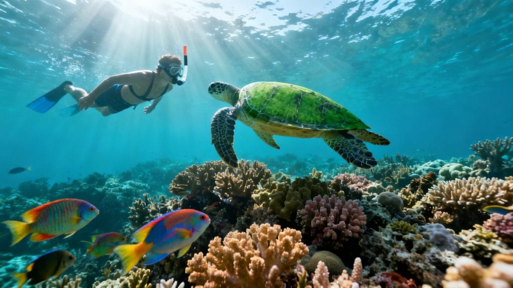 Nageur en snorkeling près d’une tortue au‑dessus d’un récif tropical