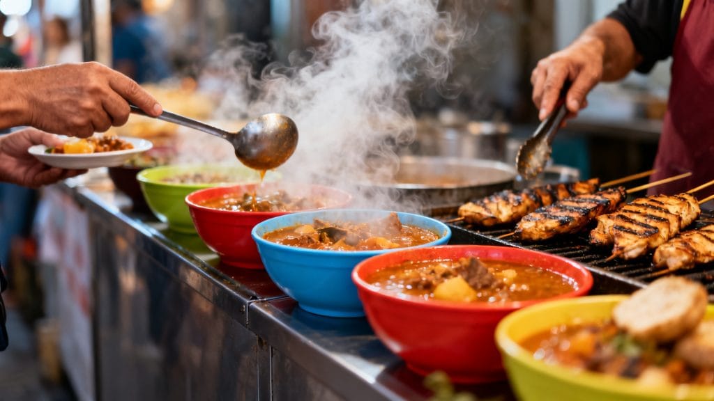 Comptoir de street food avec plats chauds variés
