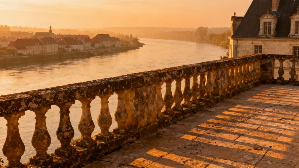 Terrasse de château avec vue sur un fleuve