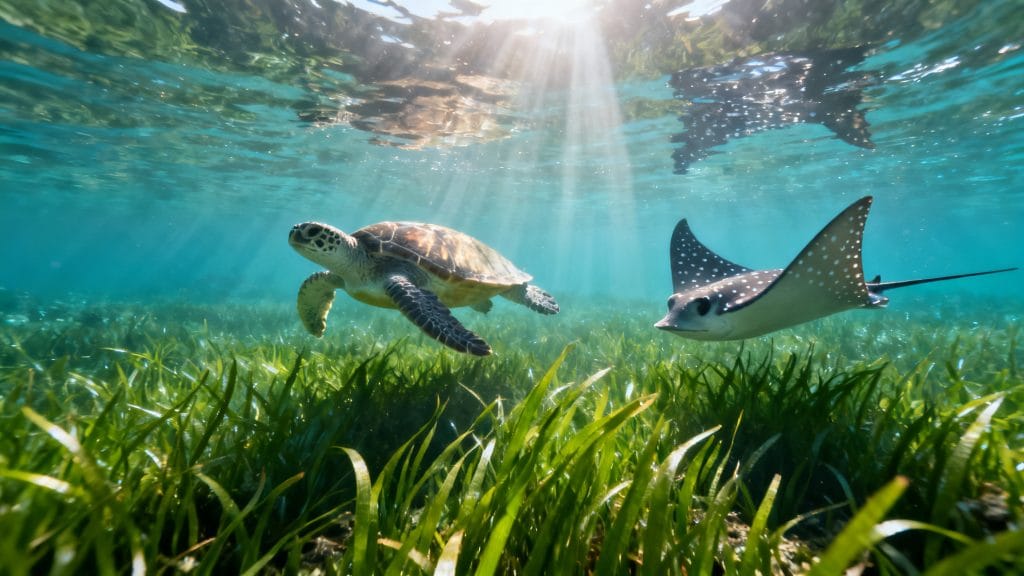 Tortue marine nageant au‑dessus d’herbiers tropicaux