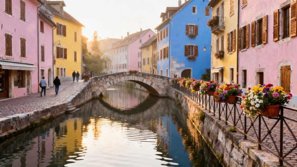 Vieille ville d’Annecy, canaux calmes et ponts fleuris
