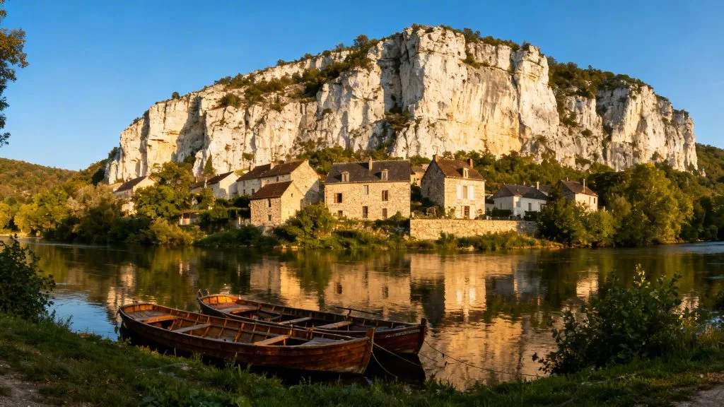 Village sous falaise et gabarres sur la rivière Dordogne