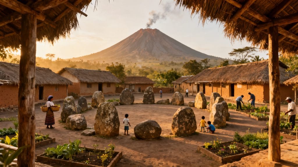 Village ngada avec mégalithes et volcan à l’horizon