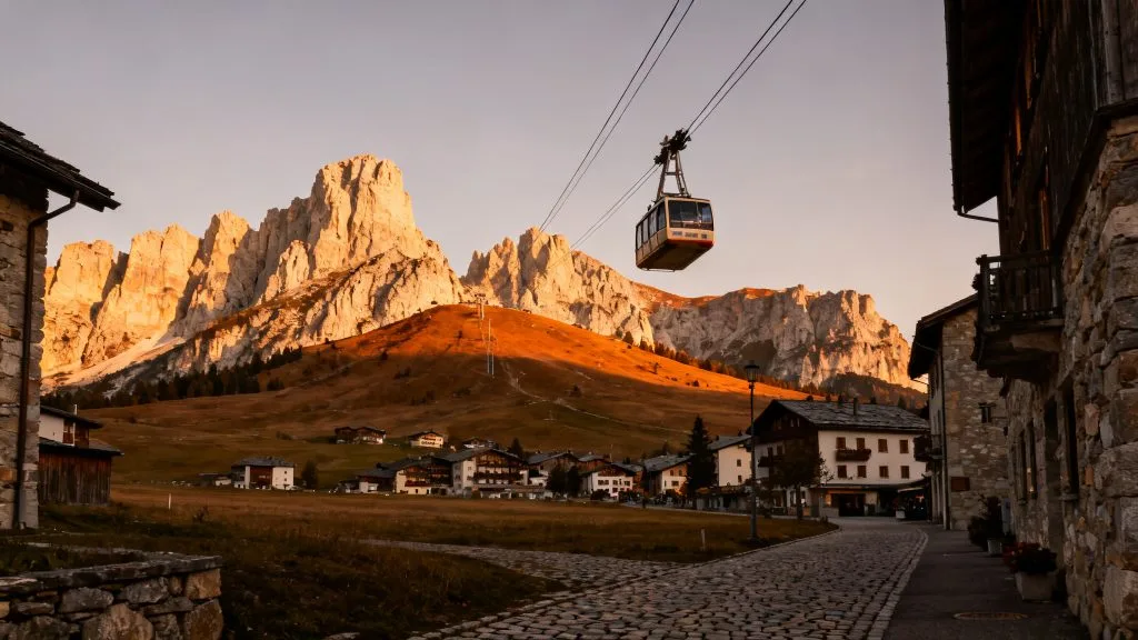 Téléphérique au-dessus d’une ville alpine et crêtes