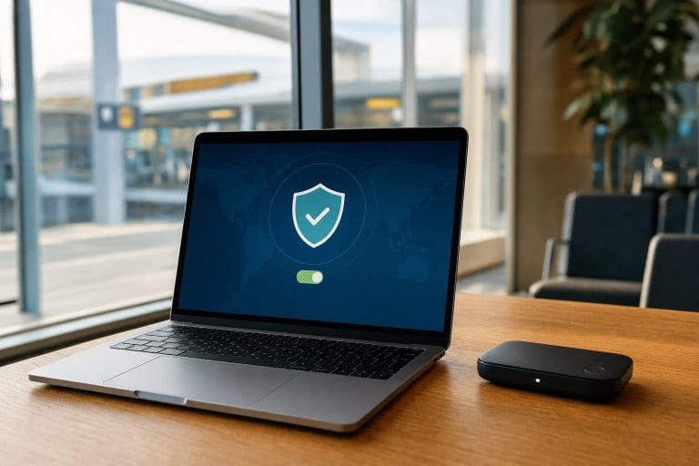 Laptop avec écran VPN actif dans un aéroport, connexion sécurisée activée