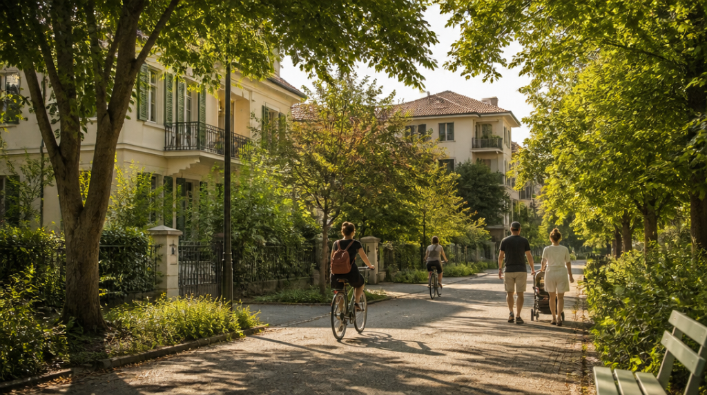 Rue résidentielle verdoyante propice à la vie de famille