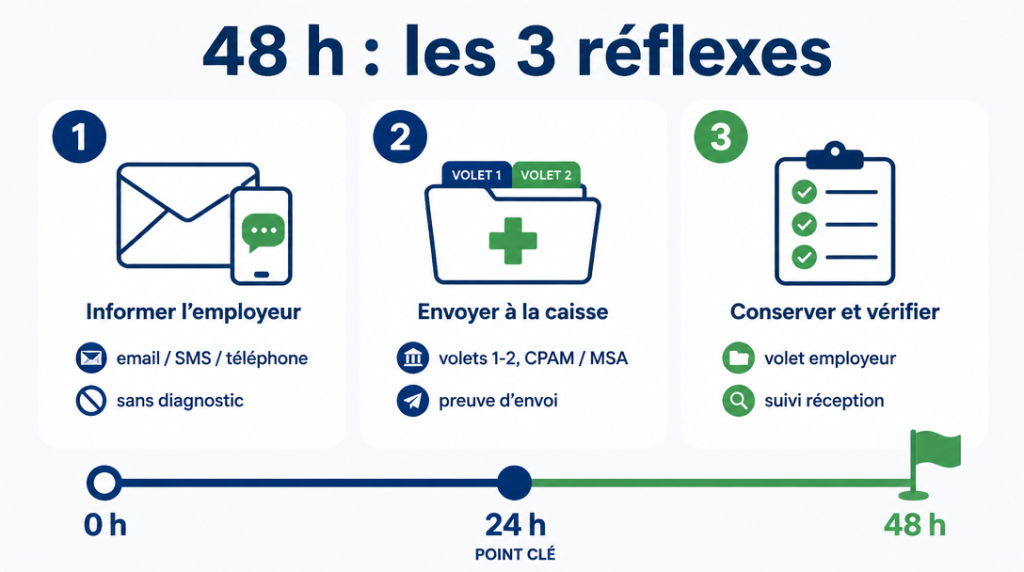 Délai 48 h : informer l’employeur, envoyer à la CPAM, vérifier