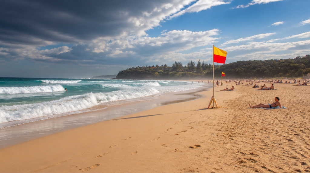Grande plage mer Noire avec vagues et drapeaux