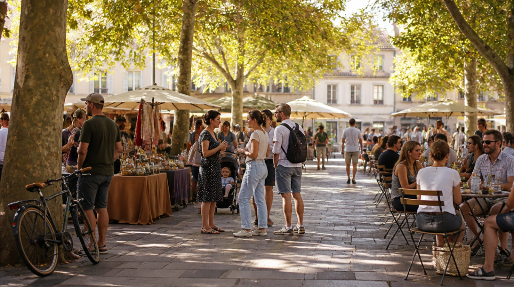 Place de quartier avec marché et vie locale conviviale