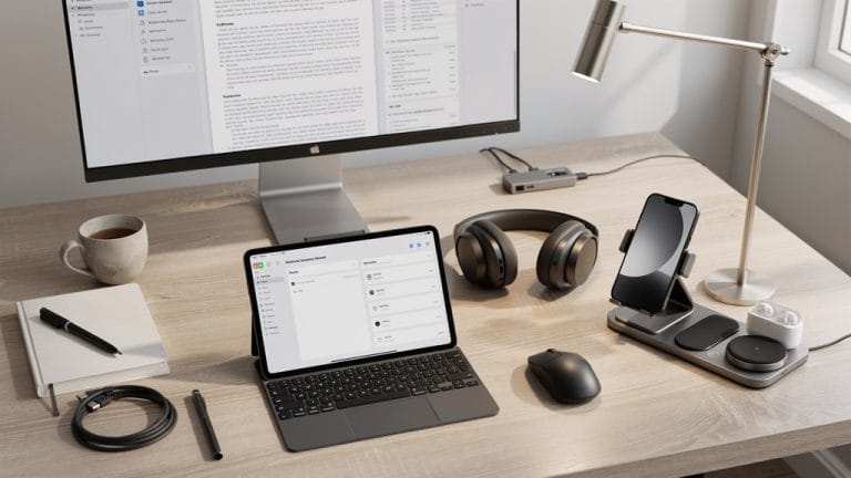 iPad avec clavier, écran 27”, chargeur 3‑en‑1 et accessoires